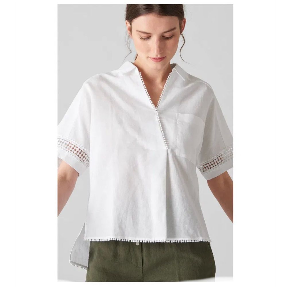 Whistles Kristyn Lace Insert Shirt Short Sleeve Size Large Cotton